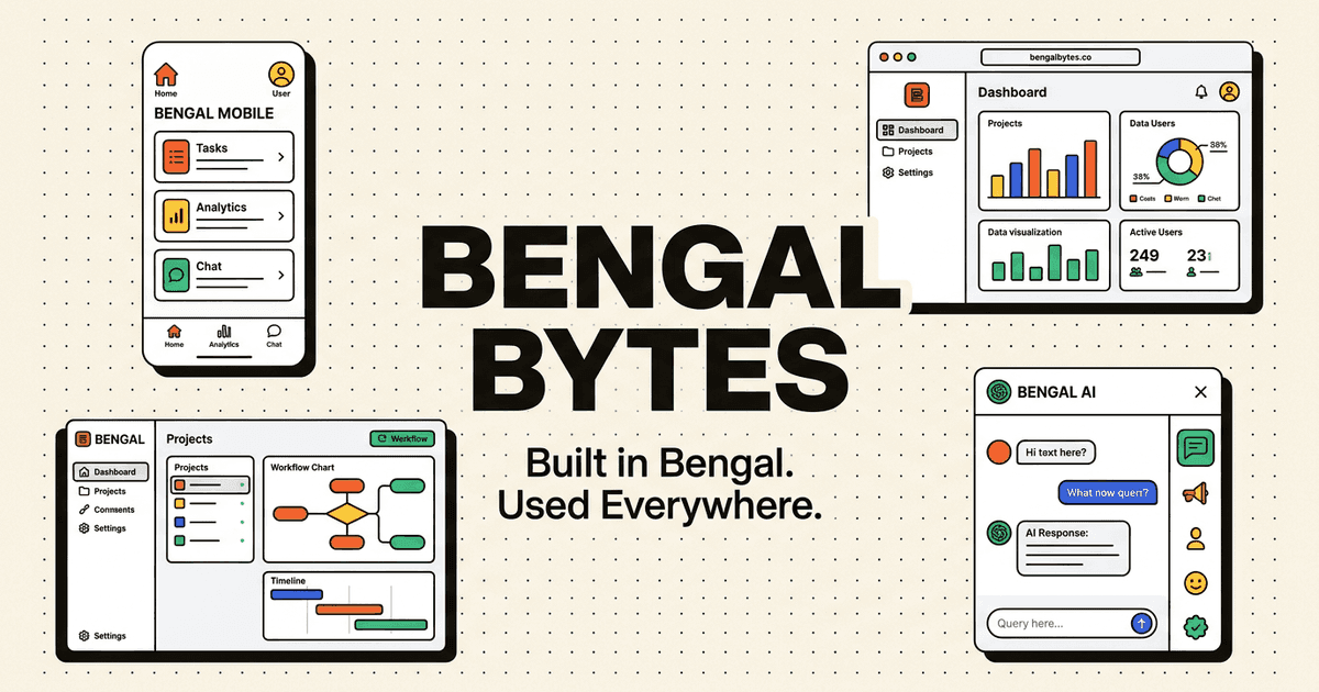 Bengal Bytes Neo-Retro Software Studio Workspace Illustration